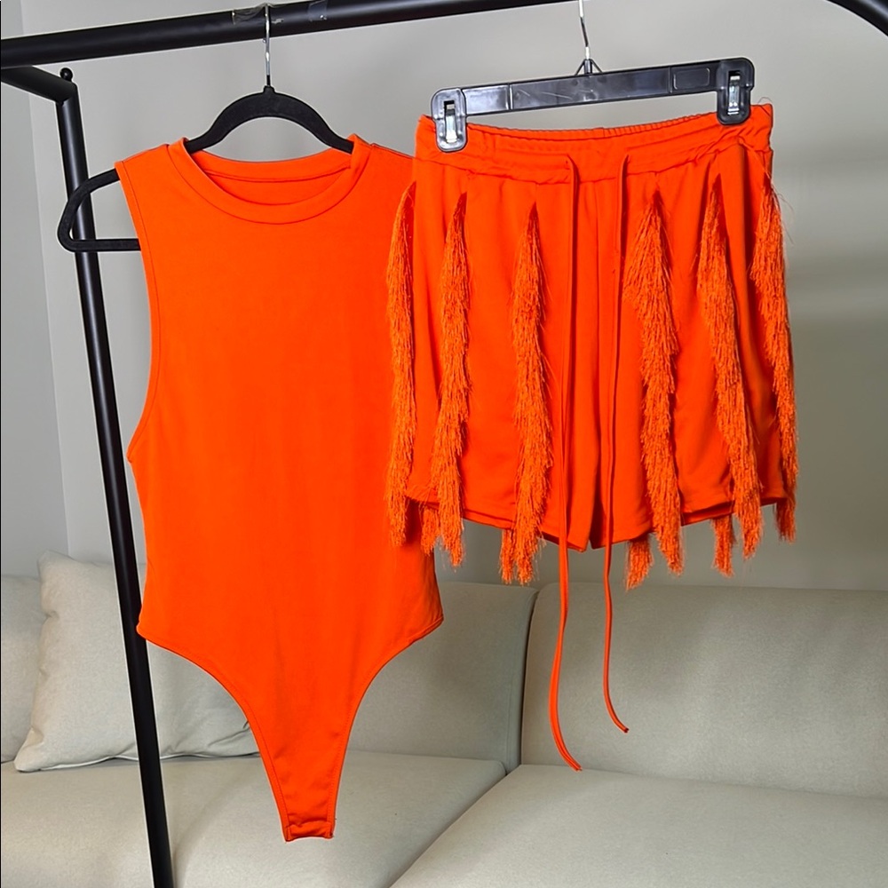 Women's Orange Fringe Shorts Set